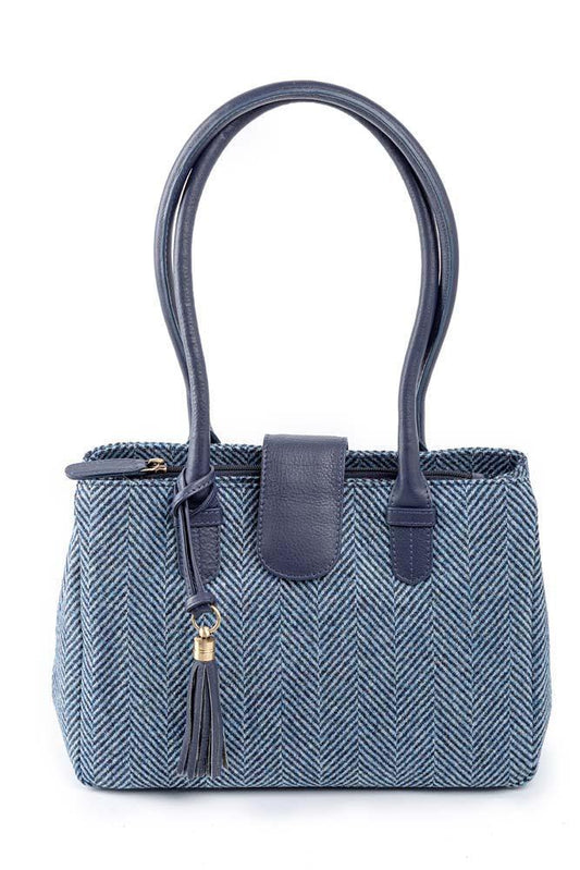 Leather Bea Handbag - Herringbone with NavyÂ Leather